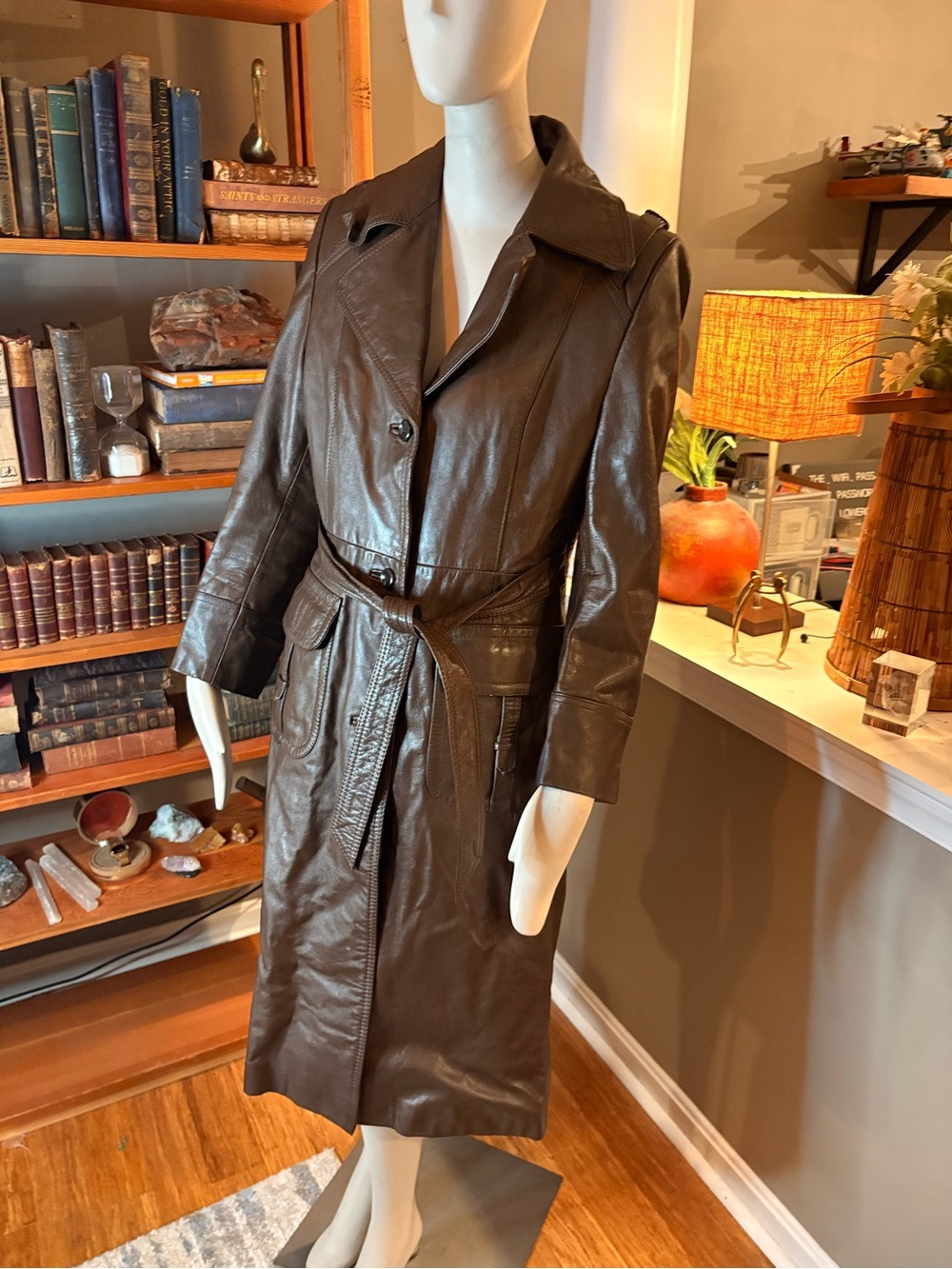 Vintage Spiegel Brown Leather Trench Coat with Belt Size 13/14